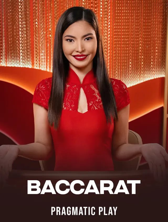 Live Pragmatic Play Baccarat, dealer in a red dress on a sparkling orange background